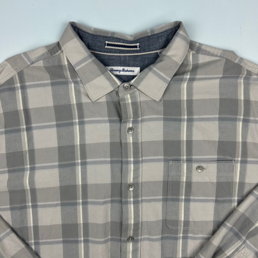 Tommy Bahama Mens 2XLB Grey Plaid Cotton Tencel Long Sleeve Button Front Shirt
